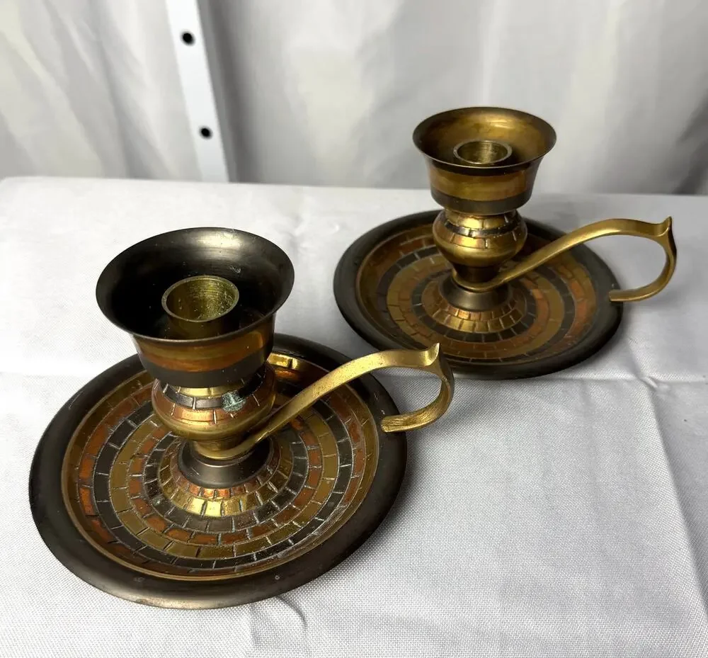 VTG Pair Brass Chamberstick Candle Holders Mosaic Inlay India Finger Loop Global